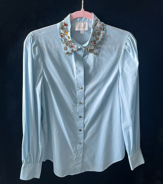 Cinq à Sept - Light blue blouse with decorated collar and long sleeves