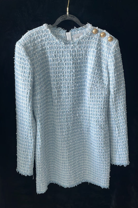 Balmain - Light blue tweed top with golden buttons on the shoulder