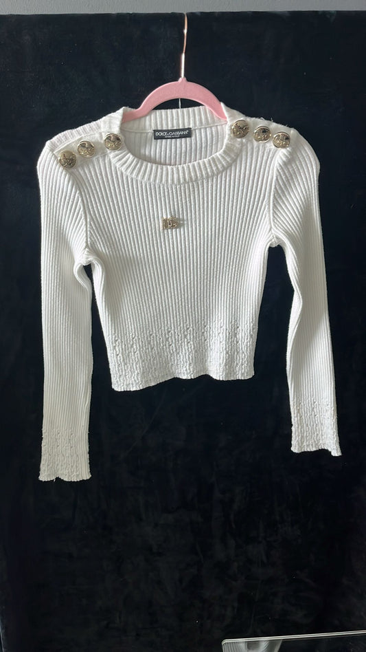 Dolce & Gabbana - White cropped sweater with golden buttons on the shoulders